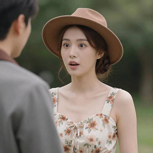 Surprised Woman in Floral Dress and Hat