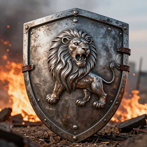 Photorealistic image of a metallic lion shield with detailed engraving, standing in front of a blazing fire, creating a dramatic, battle-ready scene.