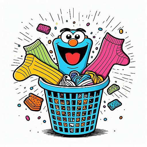 Energetic Sock Puppet Bursting from Laundry Basket
