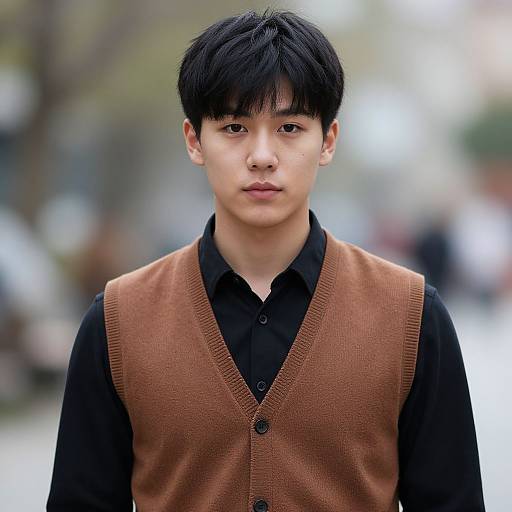 Photograph of an East Asian man with black hair, wearing a black shirt and brown sleeveless sweater, standing in a blurred outdoor setting.
