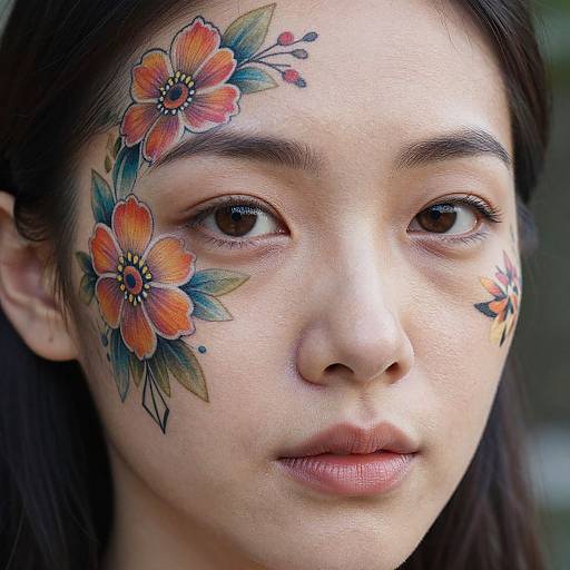 Close-up photograph of an Asian woman with intricate, colorful floral tattoos on her forehead and cheeks, dark hair, and neutral expression.