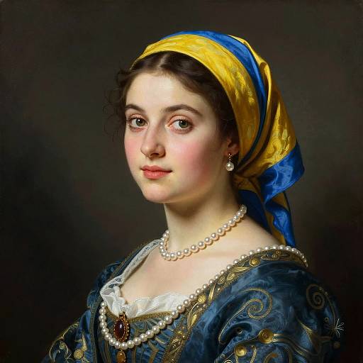 Portrait of Young Woman with Blue and Yellow Headscarf