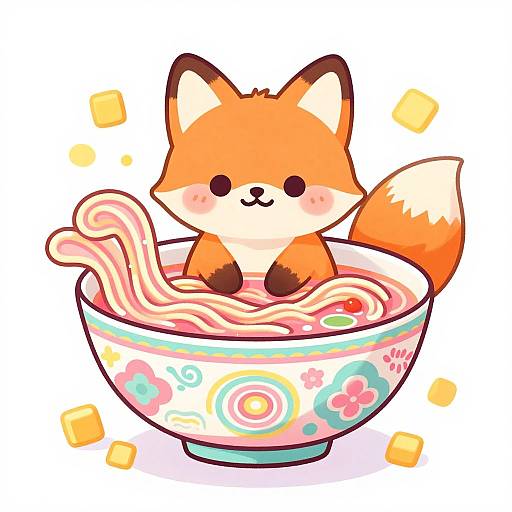 Cute digital drawing of a chibi fox with orange fur and white cheeks, sitting in a colorful, floral-patterned bowl filled with pink noodles.