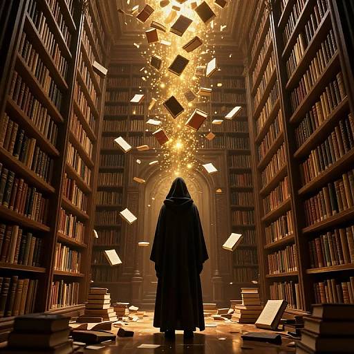 Digital art of a hooded figure in a dim library, surrounded by floating books illuminated by glowing golden pages.