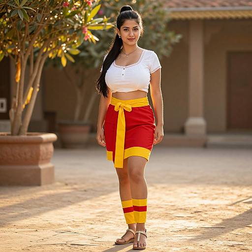 Photograph of a smiling Indian woman with long black hair, wearing a white crop top, red skirt with yellow tie, yellow-striped leg warmers,
