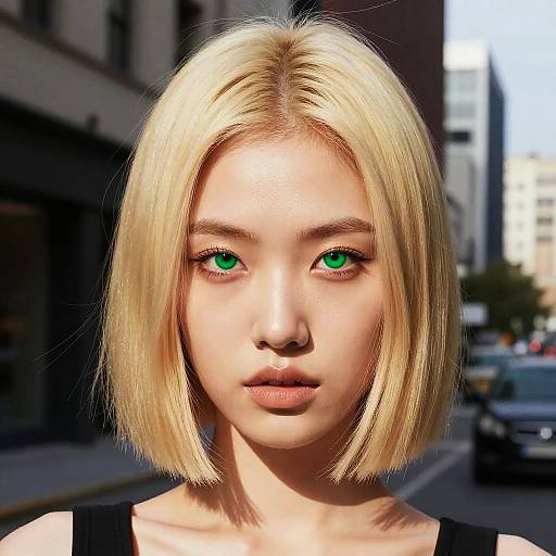 Sleek Blonde Bob with Bold Makeup