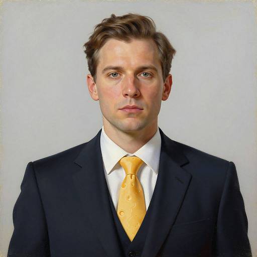 Photograph of a young, fair-skinned man with brown hair, wearing a black suit, white shirt, and yellow patterned tie, against a