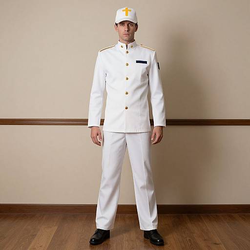 Photograph of a man in a white naval officer uniform with gold buttons, black shoes, and a white cap with a gold cross, standing against a