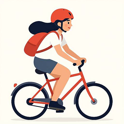 Digital illustration of a young woman with long black hair, wearing a red helmet, white shirt, blue shorts, and red backpack, riding a red bicycle