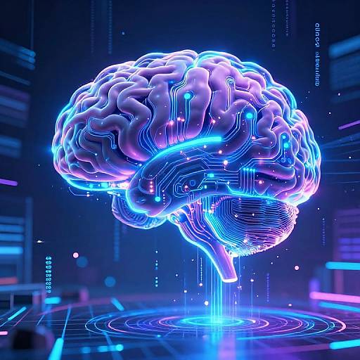 Digital CGI of a glowing, neon-blue and purple brain floating above a futuristic, neon-lit circular platform with circuitry lines.