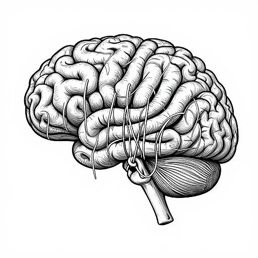 Black-and-white detailed ink drawing of a human brain, showcasing intricate folds and textures with cross-hatching and line shading.