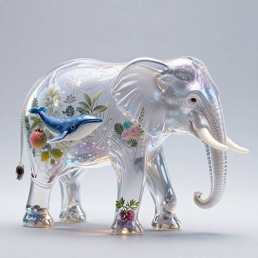 Transparent glass elephant figurine with a blue bird, pink flowers, and green leaves, illuminated from within, standing on a white background.