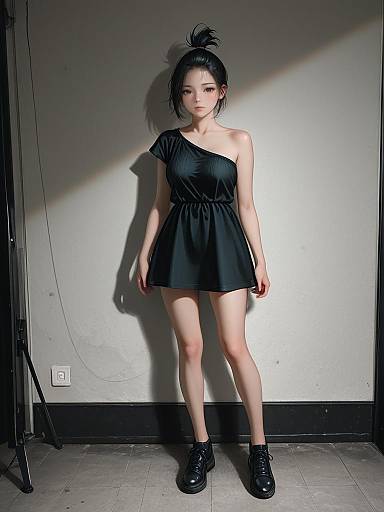 Woman in Black One-Shoulder Mini Dress