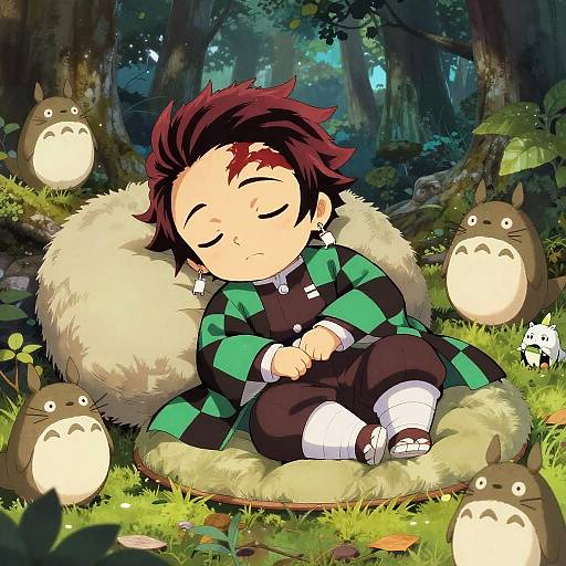 Digital anime-style illustration of a red-haired boy with green-black checkered jacket sleeping on a fluffy cushion, surrounded by glowing Totoro-like creatures in