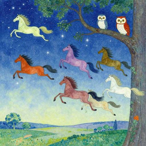 Whimsical watercolor painting of flying colorful horses under a starry night sky, with two owls perched on a tree branch.