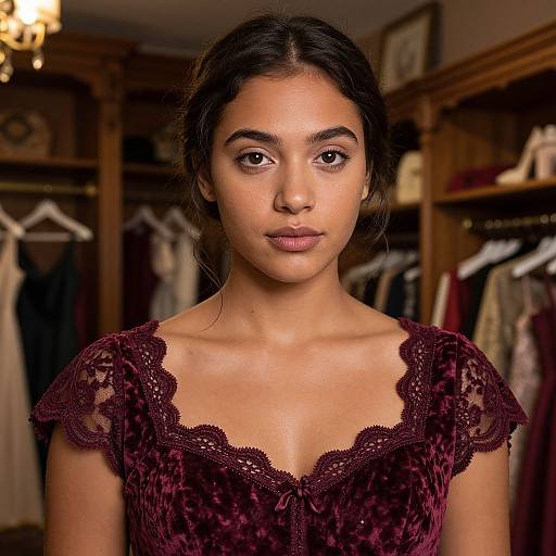 Photograph of a young woman with dark hair in a loose bun, wearing a deep burgundy lace dress, standing in a wooden closet with hanging clothes