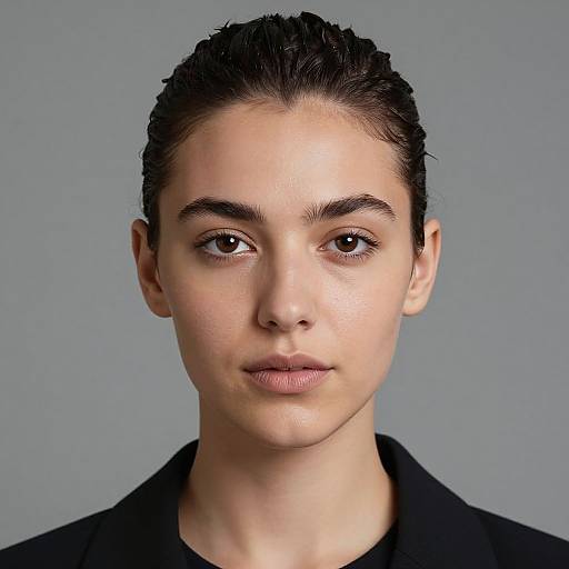 Photographic portrait of a young woman with fair skin, dark brown hair pulled back, brown eyes, and neutral expression, wearing a black top, against