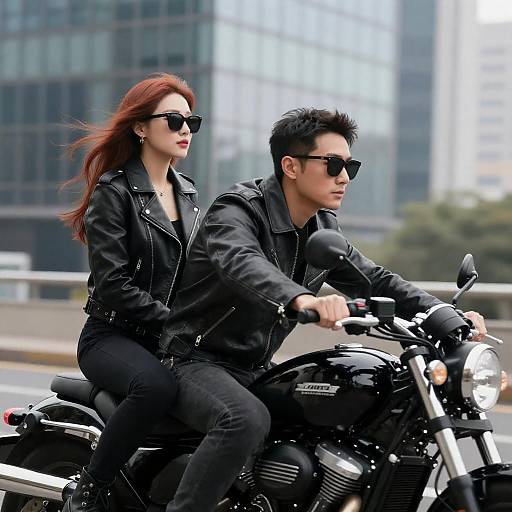 Couple Riding Black Motorcycle in City