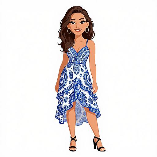 Digital illustration of a smiling woman with long brown hair, wearing a blue and white patterned sundress, black strappy sandals, and hoop earrings,