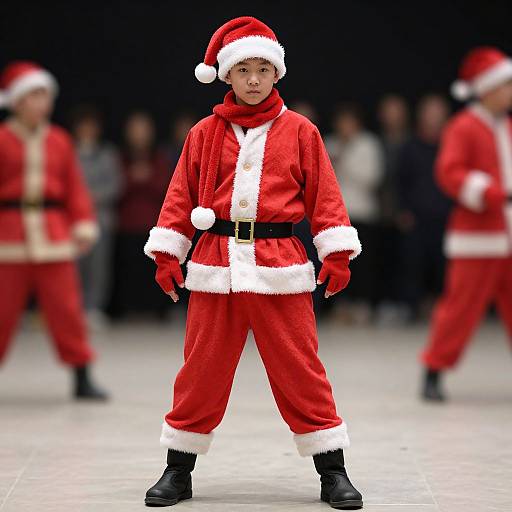 Photograph of a young boy in a Santa Claus costume, standing confidently in the center of a blurred background with other Santa-clad figures. Red fur