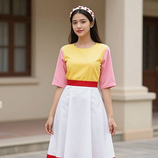 Photograph of an Asian woman with long black hair, wearing a yellow and pink top, white skirt, red belt, and floral headband, standing