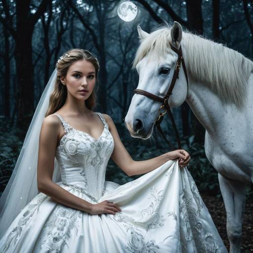 Bride in Moonlit Forest with White Horse