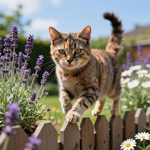 Photograph of a calico cat with green eyes, jumping over a wooden picket fence in a sunlit garden filled with purple lavender and white d