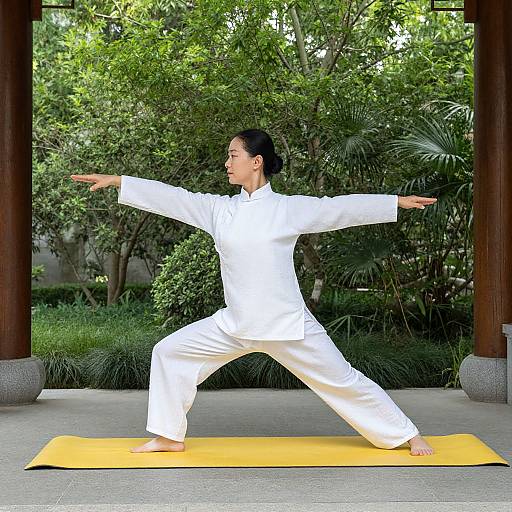 Photograph of a woman with dark hair in a white martial arts uniform performing a wide-legged yoga pose on a yellow mat in a lush, green garden