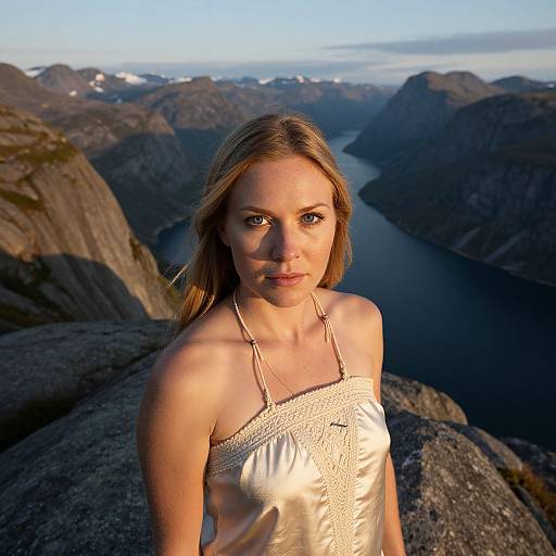 Photograph of a blonde woman with light skin, wearing a golden, strapless dress, standing on a rocky mountain peak overlooking a dark, winding fj