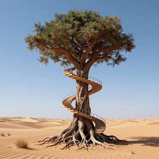 Digital artwork of a spiral staircase winding around a tall, ancient tree in a bright, sandy desert under a clear blue sky.