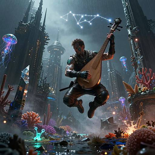 Bioluminescent Hunter-Bard Acrobat Mid-Vault in Coral Megacity