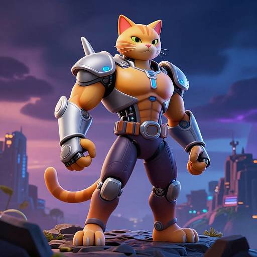 Digital illustration of a muscular, anthropomorphic orange cat in futuristic armor, standing on a rocky ledge against a purple, twilight cityscape.