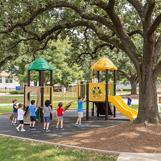 Photograph of a playground with colorful play structures (green, yellow, and orange) surrounded by trees, where multiple children play on slides, ladders