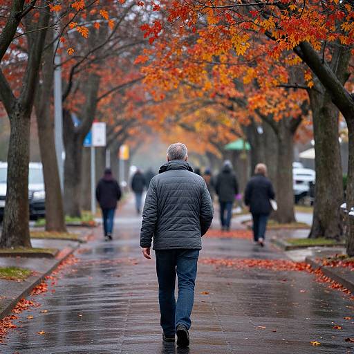 Photograph of a person in a gray jacket and blue jeans walking down a wet, autumnal street lined with vibrant orange leaves and trees.