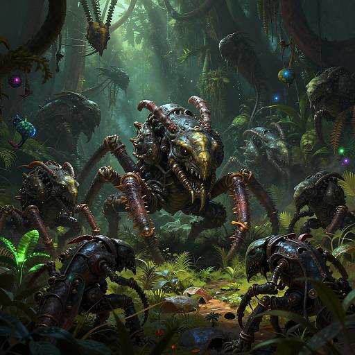Digital CGI artwork of a dark, dense jungle with glowing bioluminescent plants. Centipede-like, armored, monstrous creatures with sharp claws and