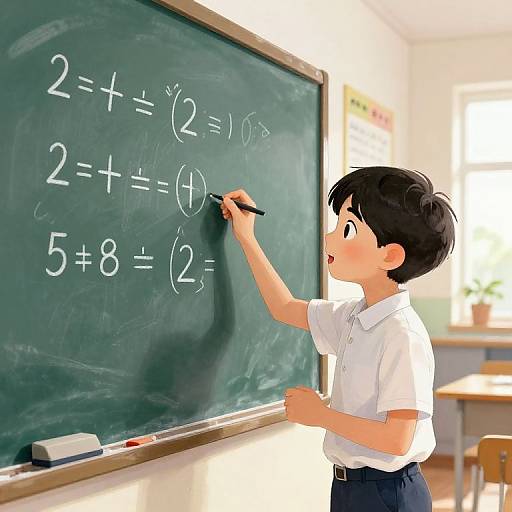 An anime-style drawing of a young boy with black hair, wearing a white shirt and blue pants, writing math equations on a green chalkboard in a