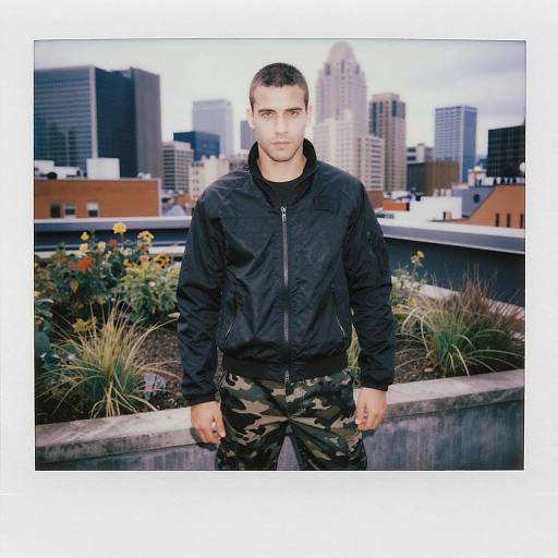 Photograph of a young man with short dark hair, wearing a black jacket and camo pants, standing on a rooftop with a city skyline background.
