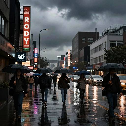 Photograph of a rainy urban street at dusk, people walking under umbrellas, neon 