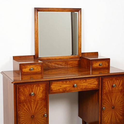 Photograph of a vintage wooden vanity with a large rectangular mirror, four small drawers, and six larger drawers, featuring a polished, ornate finish.