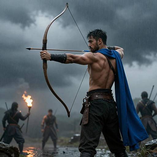Archer in Blue Cape Drawing Bow in Rain