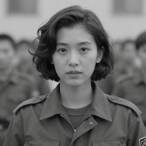 Black and White Portrait of Young Woman in Military Jacket
