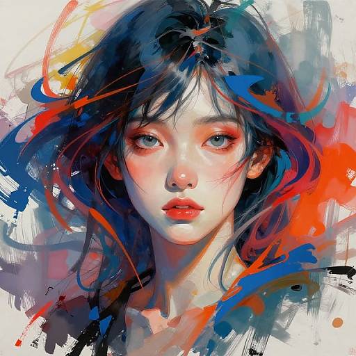 Digital painting of a young Asian woman with pale skin, blue eyes, and black hair, surrounded by vibrant red, blue, and orange abstract strokes.