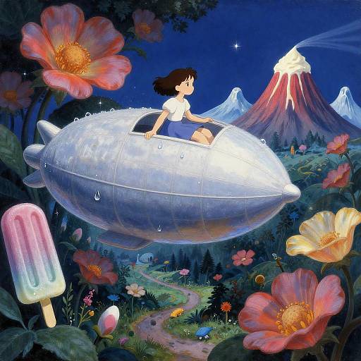Fantasy Adventure with Airship Among Giant Flowers