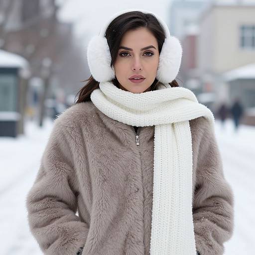 Photograph of a brunette woman with fair skin, wearing a brown fur coat, white knit scarf, and white earmuffs, standing in a snowy urban