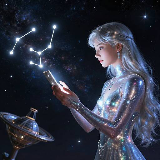 Photorealistic digital art of a silver-haired woman in a shimmering, iridescent dress, holding a device that illuminates a constellation against a