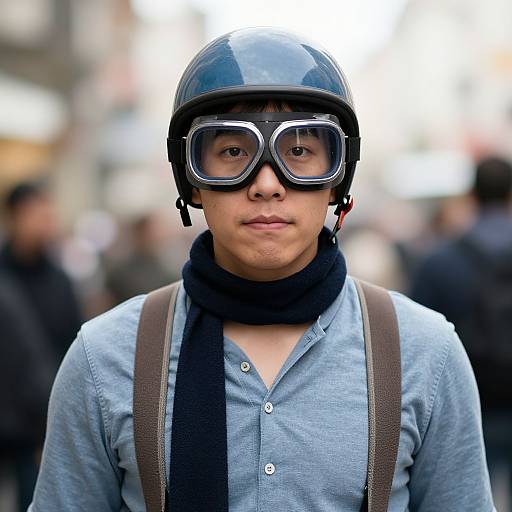 Photograph of an Asian man with light skin, wearing a blue helmet, oversized black goggles, black scarf, light blue shirt, and brown suspenders