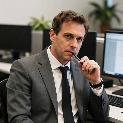 Middle-aged Man in Office Thinking
