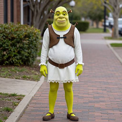 Photograph of a yellow-skinned person in a white dress, brown vest, and gloves, standing on a brick-paved suburban sidewalk.
