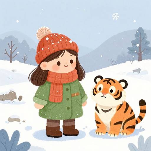 Cartoon-style winter scene: A smiling girl in a green coat, red beanie, and scarf stands beside a cheerful tiger in snowy landscape.