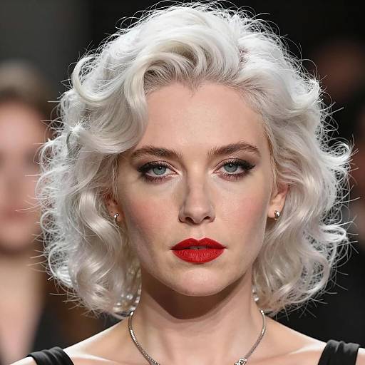 Close-up of Woman with Curly White Hair and Red Lipstick